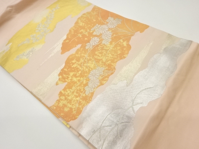 雲に秋草・霞模様織出し名古屋帯